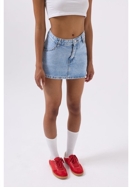 Asimetrik Bel Denim Mini Etek