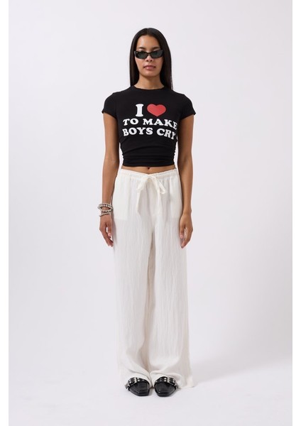 Nakış Detay Baskılı Crop T-Shirt