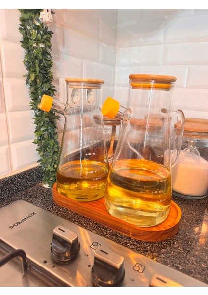Ahşap Altlıklı Vakumlu Bambu Kapaklı Cam Yağlık Sirkelik Borosilikat 3'lü Set 900 ml