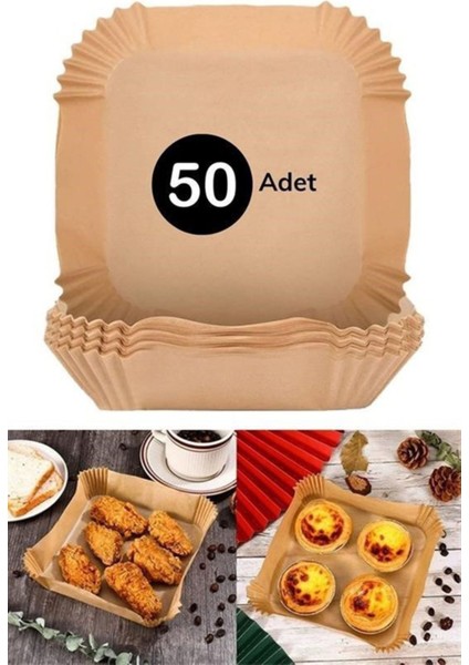 50 Adet Airfryer Pişirme Kağıdı Tek Kullanımlık Hava Fritöz Yağ Geçirmez Yapışmaz Kare Tabak Model