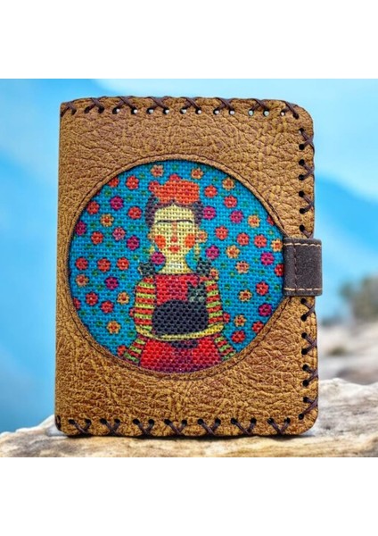 El Yapımı Kadın Cüzdan Vegan Deri Frida Kahlo Görselli Hardal Renk