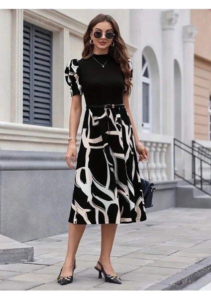 Kadın Kısa Kollu Yarı Balıkçı Yaka Üst Viskon Alt Desenli Dokuma Midi Elbise modelleri