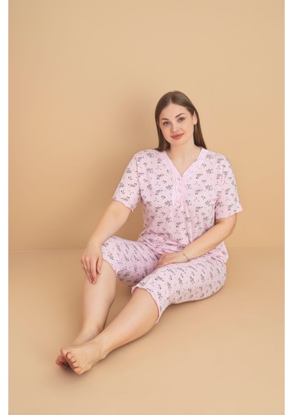 Kadın Büyük Beden Kısa Kollu Kapri Bambu Pijama Takımı