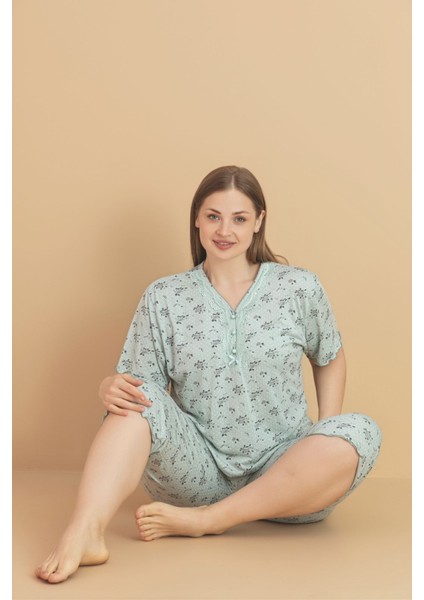 Kadın Büyük Beden Kısa Kollu Kapri Bambu Pijama Takımı