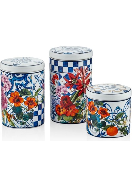 Italy Garden 3'lü Kavanoz Set 16CM 13,8cm 10CM Çiçekli