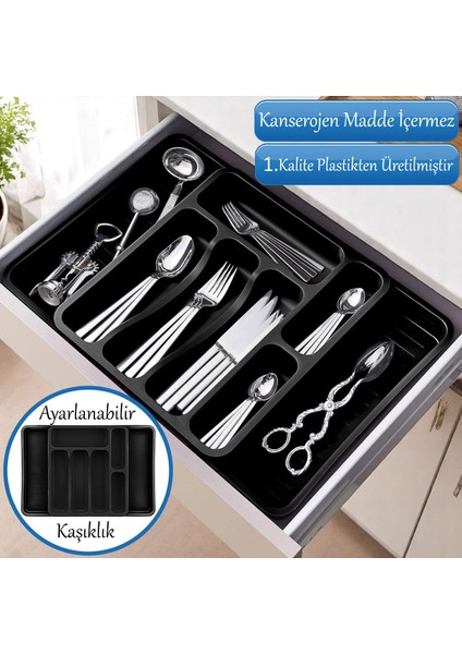 Siyah Ayarlanabilir Çift Taraflı Çekmece Içi Uzayabilen Kaşıklık Çatal Bıçaklık Düzenleyici Kepçelik