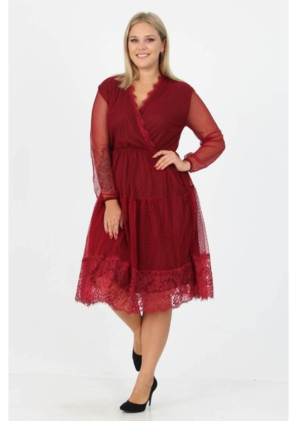 Kadın Yeni Sezon Tül Detaylı Kruvaze Yaka Büyük Beden Elbise APCX14