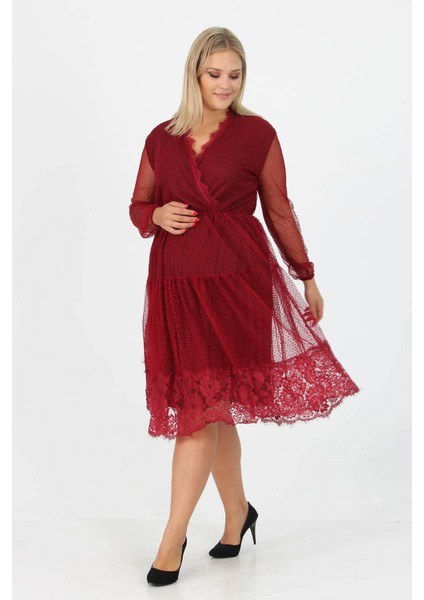 Kadın Yeni Sezon Tül Detaylı Kruvaze Yaka Büyük Beden Elbise APCX14 fiyatları