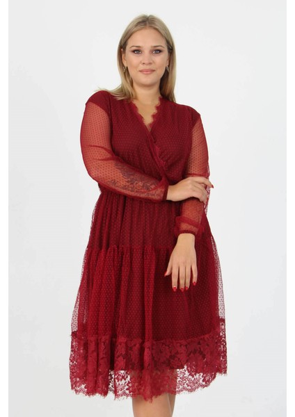 Kadın Yeni Sezon Tül Detaylı Kruvaze Yaka Büyük Beden Elbise APCX14 modelleri