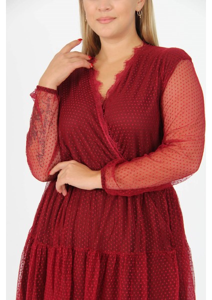 Kadın Yeni Sezon Tül Detaylı Kruvaze Yaka Büyük Beden Elbise APCX14 fırsatları