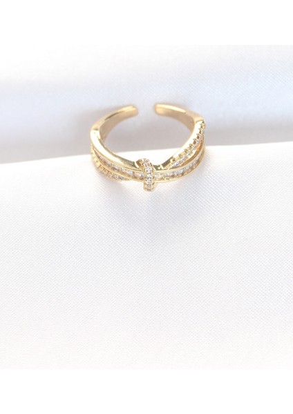 Kıvrım Model Gold Renk Zirkon Taşlı Ayarlanabilir Yüzük - Lisinya