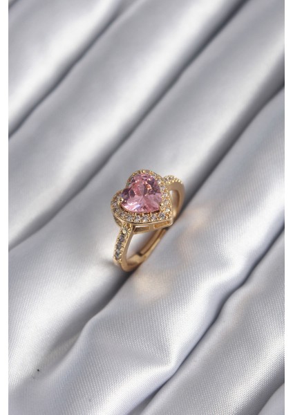 Pirinç Gold Renk Pembe Zirkon Taşlı Charm Kalp Model Kadın Yüzük - Lisinya