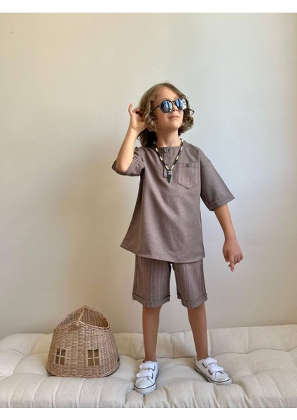 Cotton Kumaş Çizgili Şortlu Erkek Çocuk Takım