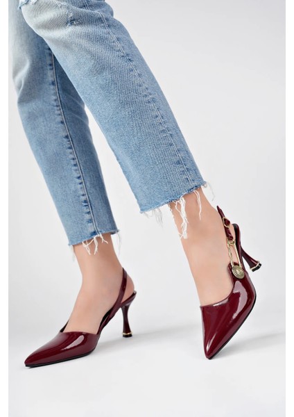 Kadın Topuklu Ayakkabı Topuklu Ayakkabı Bordo Rugan Topuklu Ayakkabı Yandan Şık Tokalı Sivri Burun modelleri