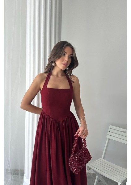 Bordo Boyundan Bağlamalı Keten Elbise