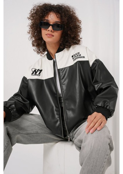 0698 Baskılı Suni Deri Bomber Ceket - Beyaz