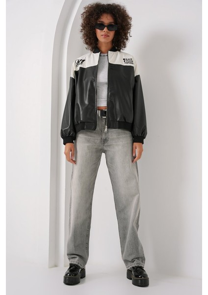 0698 Baskılı Suni Deri Bomber Ceket - Beyaz fiyatları