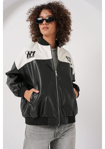 0698 Baskılı Suni Deri Bomber Ceket - Beyaz modelleri