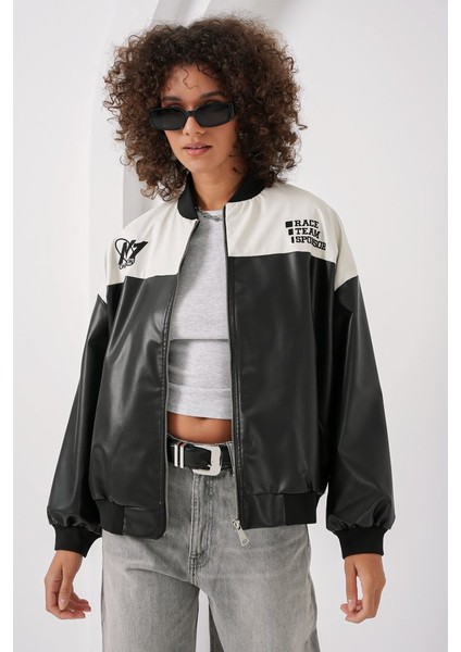 0698 Baskılı Suni Deri Bomber Ceket - Beyaz fırsatları