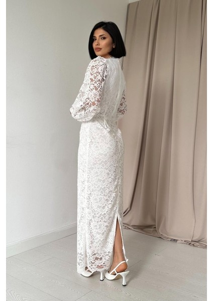 Beyaz Güpür Detaylı Dantel Elbise fırsatları