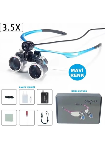 3.5x Büyüteçli LED Işıklı Tıbbi Cerrahi Binoküler Loupes Mavi Renk Gözlük