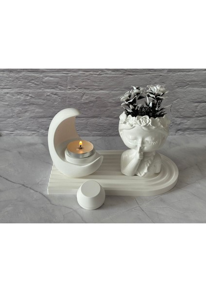 3'lü Dekoratif Set, Ay Görünümlü Mumluk, Sus Yapan Çiçekçi Kız, Şerit Görünümlü Stand, Tealight Mum