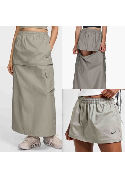 Woven 2'si 1 Arada Fermuar Detaylı Gri Maksi ve Mini Etek