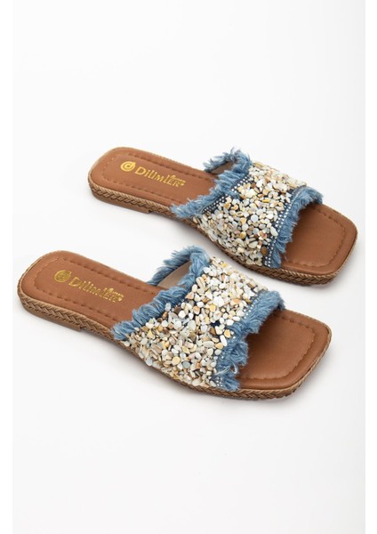 Kadın Düz Topuklu Terlik Mavi Taşlı Püsküllü Kalın Tekbant