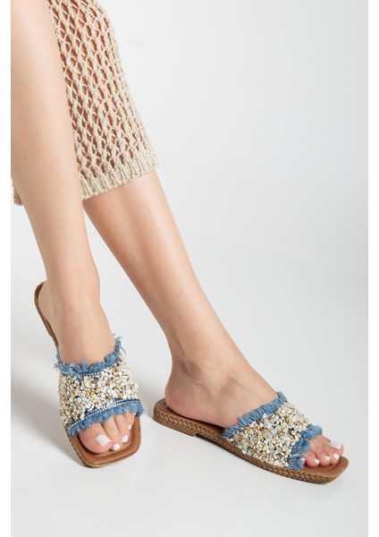 Kadın Düz Topuklu Terlik Mavi Taşlı Püsküllü Kalın Tekbant fiyatları