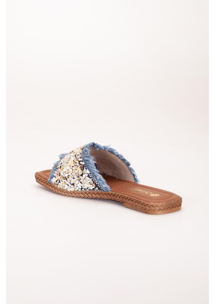 Kadın Düz Topuklu Terlik Mavi Taşlı Püsküllü Kalın Tekbant indirimleri