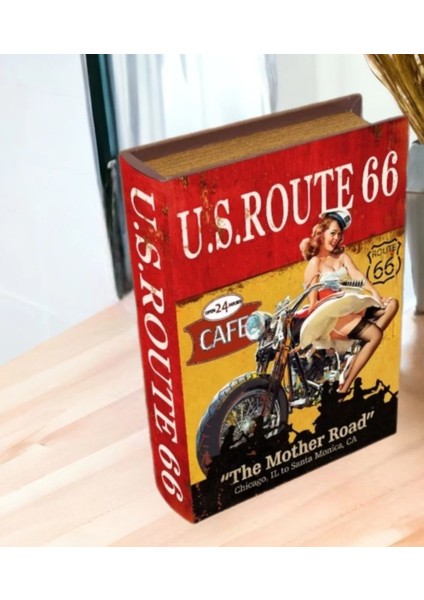 Ahşap Kutu U.s. Route 66 Büyük Ofis Hobi Hediyelik Dekoratif Kitap
