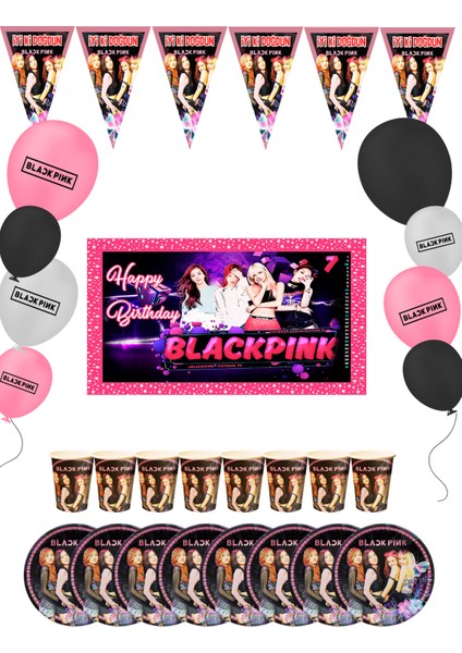 Black Pink Bayraklı ve Afişli Blackpink 40 Kişilik Doğum Günü Parti Malzemeleri Süsleri Seti