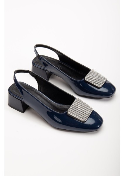 Büyük Numara Kadın Kısa Topuklu Ayakkabı Lacivert Kare Taşlı Açık Topuk
