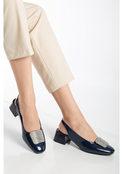 Büyük Numara Kadın Kısa Topuklu Ayakkabı Lacivert Kare Taşlı Açık Topuk fiyatları