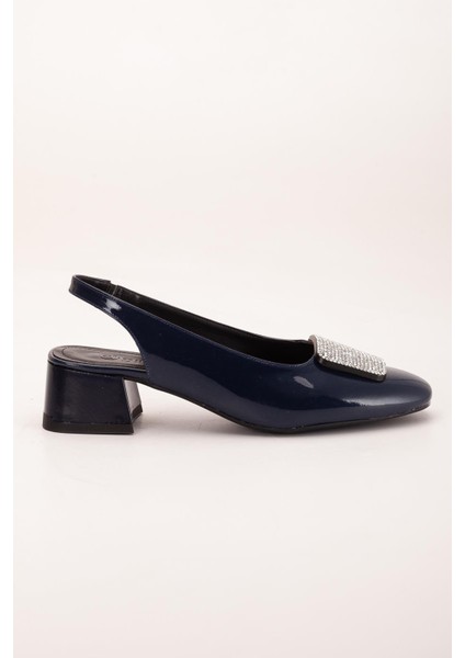 Büyük Numara Kadın Kısa Topuklu Ayakkabı Lacivert Kare Taşlı Açık Topuk modelleri