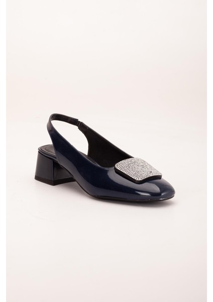 Büyük Numara Kadın Kısa Topuklu Ayakkabı Lacivert Kare Taşlı Açık Topuk fırsatları