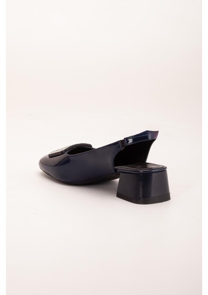 Büyük Numara Kadın Kısa Topuklu Ayakkabı Lacivert Kare Taşlı Açık Topuk indirimleri