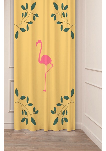 Pembe Flamingo Yaprak Bohem Desenli Dijital Baskılı Özel Tasarım (Tek Kanat) Modern Şık Fon Perde