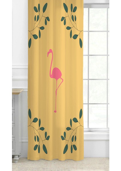 Pembe Flamingo Yaprak Bohem Desenli Dijital Baskılı Özel Tasarım (Tek Kanat) Modern Şık Fon Perde