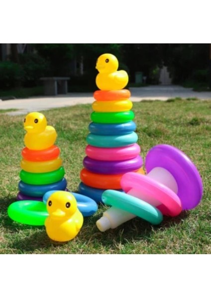 Filede Ördekli Renkli Halka Geçirme Oyunu Gökkuşağı Çember Gökkuşağı Kulesi Eğitici Zeka Oyunu 19CM