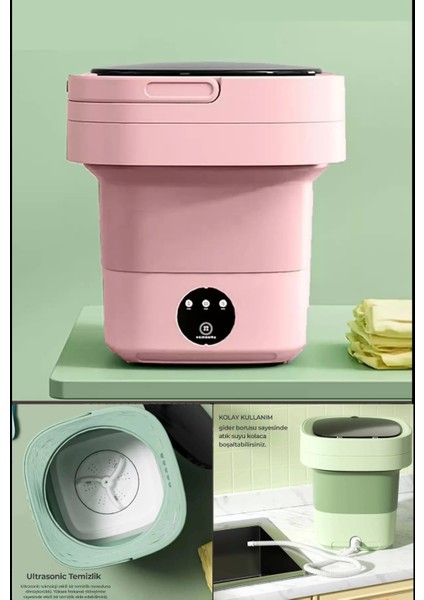 Katlanır Mini Çamaşır Makinesi Pembe Taşınabilir Retro Silikon Çorap Iç Çamaşırı Yıkayıcı 10 Lt