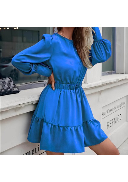 Asfstore Kadın Uzun Kollu Bisiklet Yaka Beli Lastikli Fırfırlı Ithal Krep Elbise
