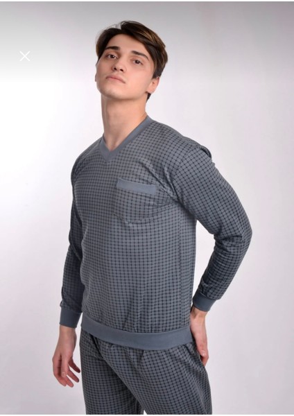V Yaka Ribana Manşetli Pamuklu Geniş Kesim Klasik Erkek Pijama Takımı