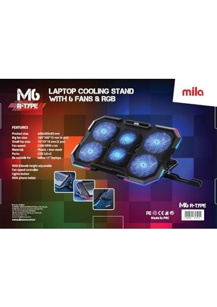 Mila Serisi M6 R-Type 13-17 Inch Uyumlu 2200 Rpm, Rgb Işıklı, 6 Fan, Telefon Stand, 2 USB Notebook Soğutucu Stand