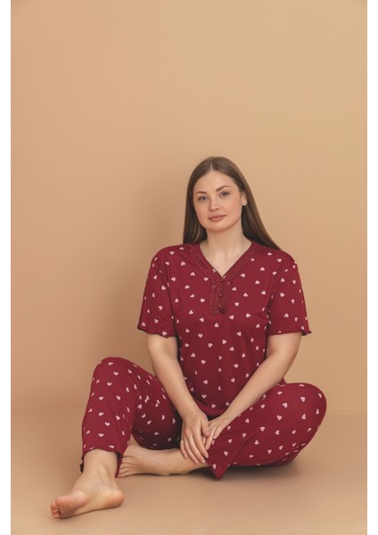 Kadın Büyük Beden Desenli Yakası Düğmeli Kısa Kollu Bambu Pijama Takımı