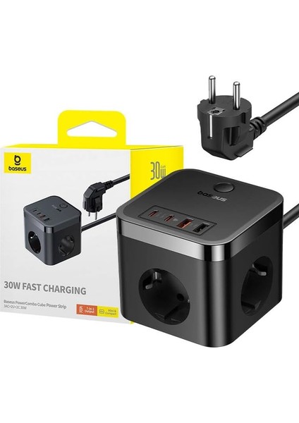 Power Combo Cube 3AC+2U+2C 30W Şarj Cihazı 1.5m.-Siyah