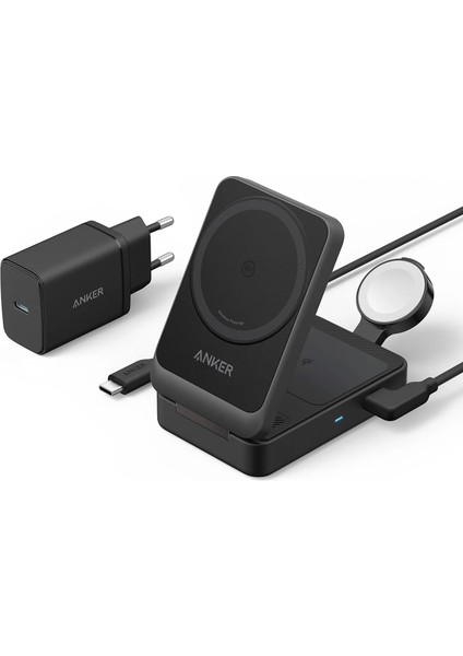 3'ü 1 Arada Şarj Istasyonu, Qi2 Sertifikalı 15W Magsafe Uyumlu Kablosuz Şarj Standı, Apple Watch, iPhone 15/14 Için, Airpods, Apple Watch 9 (40W Usb-C Şarj Cihazı Dahil), Siyah