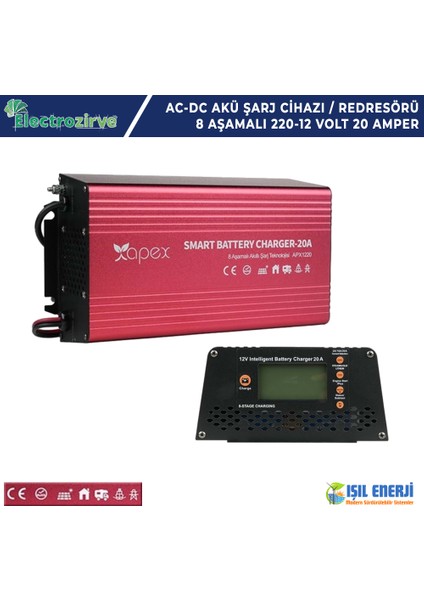 Apex 220 Volt - 12 Volt 20 Amper 8 Aşamalı Ac-Dc Akü Şarj Cihazı