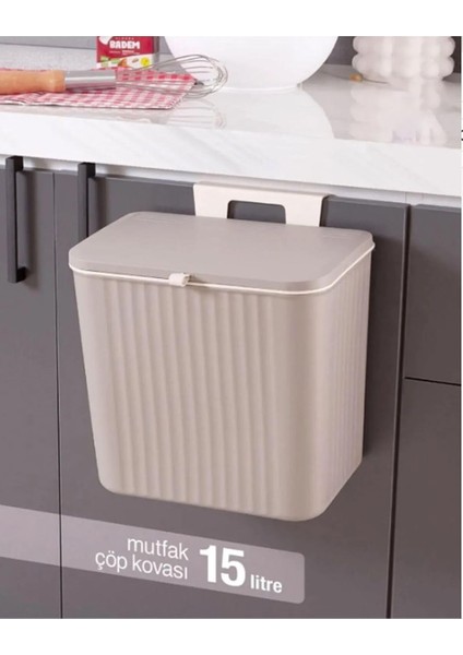 15 Litre Fonksiyonel Kapaklı Banyo ve Mutfak Tezgahüstü Çöp Kovası Dolap ve Duvar Aparatlı 15 Lt.,yerden Tasarruflu Lavabo Altı Veya Dolap Kapısı Için Kapasiteli Mutfak Çöp Kovası,askılı (Latte)