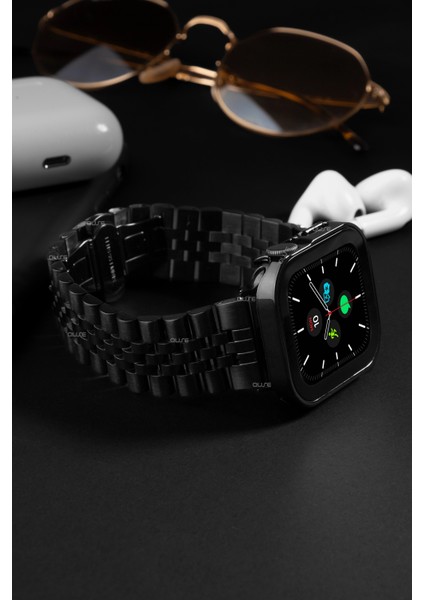Jubilee Paslanmaz Çelik Metal Kordon, Apple Watch Series SE/11/10/9/8/7/6/5/3 ile Uyumlu, 46MM/45MM/44MM, Siyah modelleri